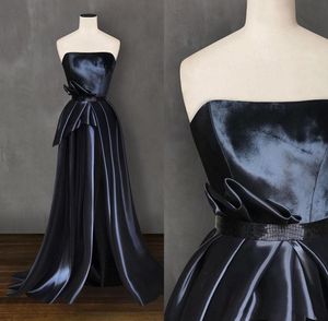 Elegant Dark Navy Satin A Line Evening Dresses High Side Split Ruched Pleats Plus Size Dress Evening Wear Formal Dresses robe de soiree