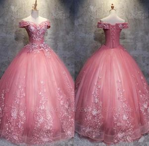 2019 Elegancka Różowa Suknia Balowa Quinceanera Suknie Zroszony Słodki 16 Rok Luce-Up Party Suknia wieczorowa Vestidos DE 15 ANOS QC1393
