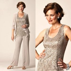 New Mother Of The Bride Suits With Jacket Scoop Long Sleeveless Lace Plus Size Wedding Guest Party Gowns