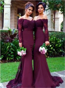 2020 Lace Appliques Off the Shoulder Maid of Honor Gowns Custom Made Formal Evening Dresses Burgundy Long Sleeves Mermaid Bridesma230h