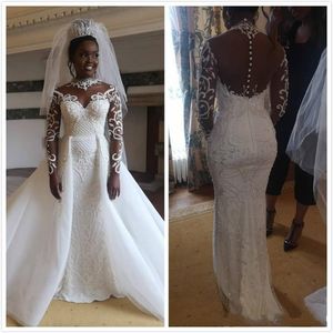 2020 Arabic Aso Ebi Luxurious Sexy Mermaid Wedding Dresses High Neck Lace Beaded Bridal Dresses Long Sleeves Wedding Gowns