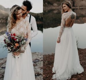 2019 Illusion Long Sleeve Country Wedding Dresses Boho Lovely Lace Jewel Keyhole Backless Tulle Beach Wedding Dress Bridal Gowns