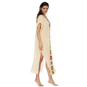 Fashion-2019 Nya Sexiga Kvinnor Badkläder Tunika Klänning Heksak Sticka Deep V-Neck Robe Femme Ete 2019 Kortärmad Sida Split Summer Beach Dress