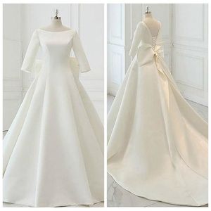 2020 Simple Satin Dresses 3/4 Long Sleeves Bow Lace Up Back Cathedral Train Wedding Gown Custom Made Vestido De Novia 401 401