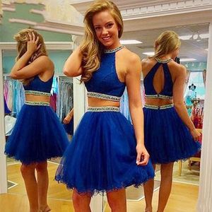 Royal Blue Cheap Homecoming Dresses Short 2019 Two Pieces Beaded Crystal Tulle Piping Short Prom Dress Cocktail Dresses Girls Women