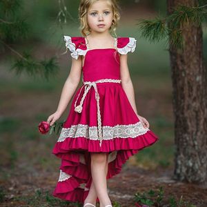 Ins-baby Girls Flying Sleeve Baklösa Klänningar Barn Dovetail Lace Princess Dresses 2019 Sommar Mode Boutique Kids Clothing 2 ColorsC5742