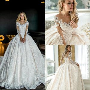 Luxury 2019 New Wedding Dresses A Line Long Sleeves Lace Appliqued Beaded Bridal Gowns Sweep Train Plus Size vestido de novia