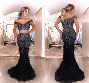 Luxury Crystal Beaded Feathers Prom Pageant Dresses Long Trumpet Off The Shoulder Two Piece Homecoming Party Cocktail Dress Evening Gowns