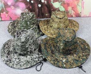 2019 mode unisex camouflage western cowboy hatt med hakremmar män breda rand skriva keps kvinnor cowgirl hattar solskydd