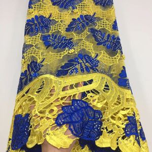 5ヤード/ PCの美しい黄色と青いフランスの純レースの刺繍とラインストーンのアフリカの幻想刺繍レースのためのレース生地のドレスcf22-1