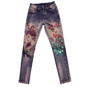 Moda Artesanato Pesado Lantejoulas Feminino Jeans Slim Impressão Colorida Flor Bordado Apliques Denim Calças Longas Senhoras Calças Jeans