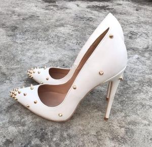 Hot Sale-fee new style Casual Designer white matte leather studded spikes point toe high heels shoes pumps bride wedding party shoes