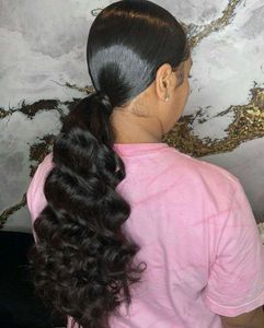 Mänskliga hårklipp Bilar Ponytail för kvinnor Naturlig Svart Body Wave Clip In Human Hair Pony Tail Extensions Mongolian Remy Hair Double Weft