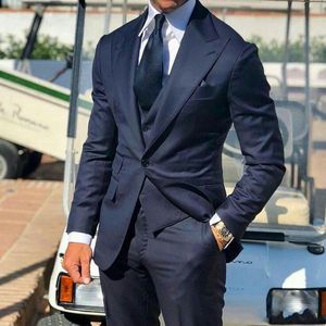 Fashion One Button Navy Blue Wedding Men Suits Peak Lapel Three Pieces Business Groom Tuxedos Jacket Pants Vest Tie W994