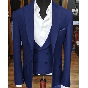Yeni Varış Bir Düğme Mavi Damat Smokin Tepe Yaka Erkekler Düğün Parti Sağdıç 3 parça Suits (Ceket + Pantolon + Yelek + Kravat) K143
