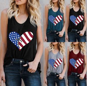 America Flag Printed Tanks 5 Colors Heart Striped Summer Sleeveless Top Tees Printed Blouses Vest 10pc OOA6922