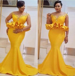Vintage Bright Yellow Mermaid Prom Dresses Plus Size African Cap Sleeves Aso Ebi Formal Evening Gowns With Peplum Custom Made Party Dresses