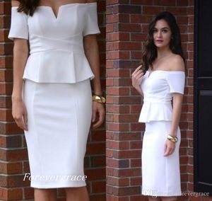 2019 Cheap White Elegant Cocktail Dress Sheath Off Shoulder Short Sleeve Semi Club Wear Homecoming Party Gown Plus Size Custom Make