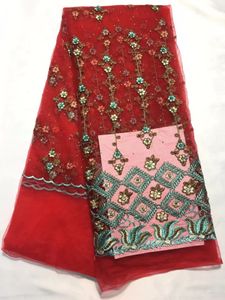 5Yller / pc Gorgeous Red French Net Lace Tyg med pärlor och guld silke Broderi Afrikansk mesh spets för klänning QN100-7