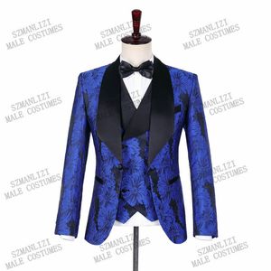 Neueste Mantel-Hose-Designs 2020 Herren 3-teiliges Set Hochzeitsanzüge Königsblau Blumenmuster Prom Bräutigam Smoking Sänger Kostüm Suit282e