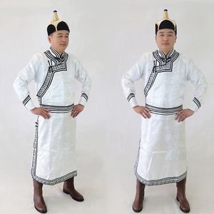 Manlig vuxen mongolsk bröllop dagliga kläder från Genghis Khans hemstad man mongoliet vit klänning robe dans prestanda kläder