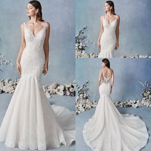 Hot Sell Mermaid Kenneth Winston Wedding Dresses Spaghetti Sleeveless Tulle Lace Applique Ruched Wedding Gown Sweep Train robe de mariée