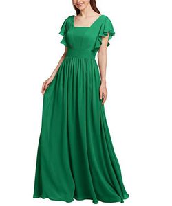 Green Chiffon Square A-line Brautjungfer Kleid Kurze Ärmel gefaltete gekräuselte Bodenlänge Abend Abendhemd