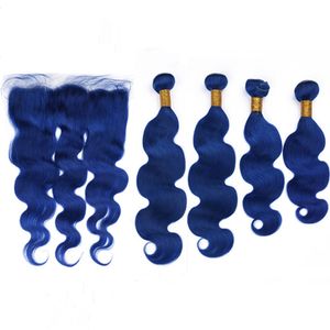 Dark Blue Body Wave Brazilian Human Hair Weaves and Frontal 5Pcs Lot Pure Blue Wavy Virgin Hair Wefts 4Bundles with 13x4 Lace Frontal