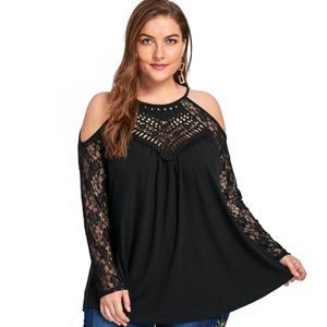 Wipalo Plus Size Women Blouses 5XL Cold Shoulder Lace Up Tops Women Clothing Sexy Lace Crochet Sheer Mesh Blouse Shirts Big Size T200321