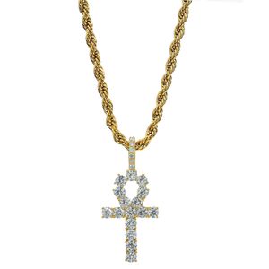 Collana con ciondoli a forma di croce con chiave per unghie Hip Hop, gioielli con pietra di diamante Bing placcata in oro 18 carati, gioielli religiosi da donna/uomo