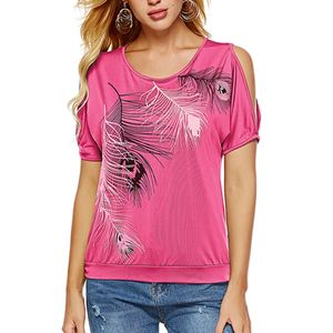 Kvinnor Sommar 2019 T-shirt Casual Short Sleeve Tops Tees Sexy Off Shoulder Feather Print T-shirt O-Neck Loose Plus Storlek 5XL Skjortor