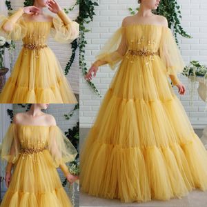 Daffodil Zroszony Długie Rękawy Prom Dresses Sheer Off The Ramię Linia Długie Rękawy Suknie Wieczorowe Plus Rozmiar Tulle Sukienka Formalna
