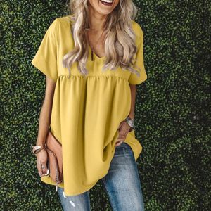 Kvinnor Blusar Sommar V Neck Kortärmad Solid Loose Casual Top Flowy Shirt Chemise Femme Plus Storlek Blus Kvinnor Bluzki Damskie