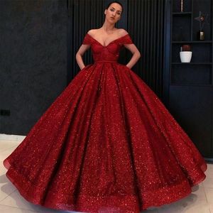 Long Glitz Evening Dresses 2020 Puffy V-neck Cap Sleeve Saudi Arabia Burgundy Women Lebanon Formal Evening Gowns