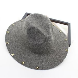 Wide Brim Wool Felt Fedora Jazz Hats Rivets Decor Women Men Panama Style Trilby Party Cowboy Cap Unisex Fashion Gambler Hat