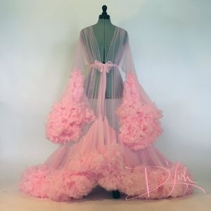 Sexig ren lång kappa med sash bridal boudoir robe rosa tulle illusion lång födelsedag mantel semester fest kostym