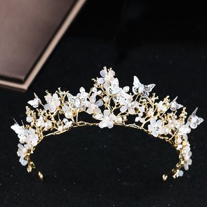 Baroque Vintage Gold Butterfly Crown Flowers Wedding Prom Tiara Headband Pearl Bridal Headpieces Bride Hair Accessories Hairband Y200727