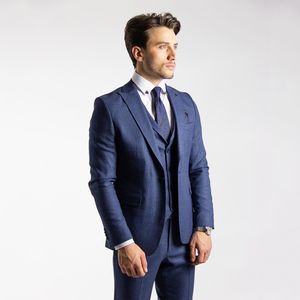 Donanma Düğün Damat Smokin Yaz Yakışıklı Bir Düğme Pantolon Balo Parti Erkek Resmi Giyim Suits (Ceket + Yelek + Pantolon)