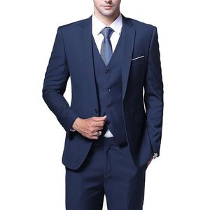 High Quality One Button Blue Groom Tuxedos Notch Lapel Men Suits 3 pieces Wedding/Prom/Dinner Blazer (Jacket+Pants+Vest+Tie) W596