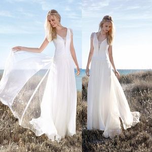 Rembo Styling Beach Wedding Dresses With Lace Cap Sleeves Plunging Neck Cheap Bridal Gowns A-Line Floor Length Chiffon Wedding Dress 3884