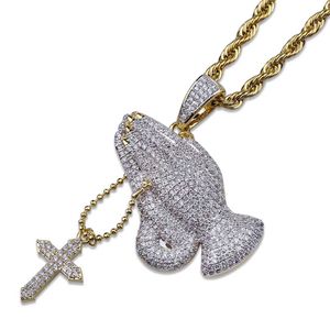 Vintage 18K Gold Plated Christian Cross Prayer Gestures Pendant Necklace Twist Chain Iced Out CZ Zirconia Jewelry Gifts for Men and Women