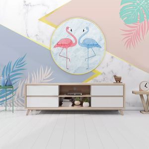 Dropship Custom 3D Murals Wallpaper For Kids Room Cartoon Pink Flamingo Tree Leaves Children Room Bedroom Background Photo Wall Paper Art