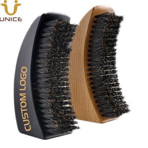 MOQ 100 pezzi Design unico OEM Personalizza LOGO Spazzole a onda Setola di cinghiale Barba Spazzola per capelli per uomo Legno nero con supporto