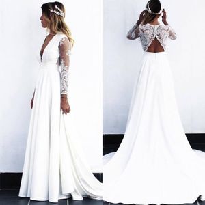 Bohemian Long Sleeve Dresses Lace Appliques Deep V Neck A Line Country Style Beach Boho Wedding Dress Bridal Gown Custom Made