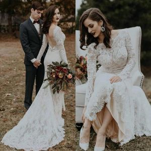 Elegant Long Sleeves Lace Mermaid Wedding Dresses 2020 Illusion Beaded Sash Backless Sweep Train Wedding Bridal Gowns robes de mariée BC2847