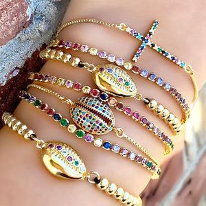 Gold Diamond Shell Cross Bracelet Zirc￣o Tamanho ajust￡vel Tamanho feminino Bracelets Charme J￳ias de j￳ias de j￳ias de praia Navio