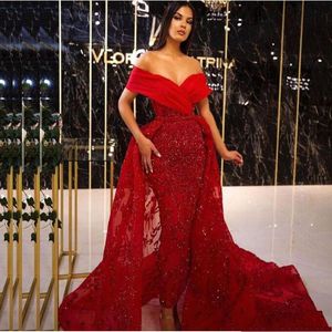 2020 Arabic Aso Ebi Red Off Shoulder Mermaid Evening Dresses Luxurious Sequined Appliques Prom Party Gown With Detachable Train AL5332