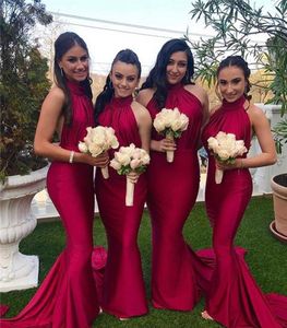 Röd lång brudtärna klänning 2019 billig halter nacke sommarland trädgård formell bröllopsfest gästpige av ära klänning plus storlek anpassad
