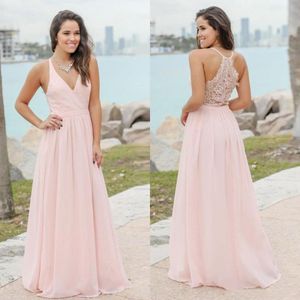 Candy Pink Summer Bohemian Abiti da damigella d'onore Sexy scollo a V Pizzo Indietro Una linea Chiffon Lungo Prom Guest Abiti da festa BD8985