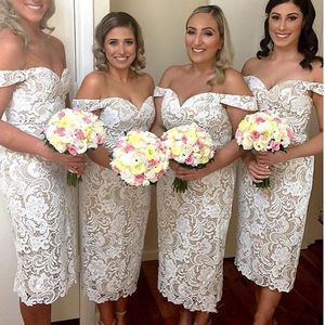 Hot Sale Sheath Lace Bridesmaid Dresses Off The Shoulder Wedding Guest Dress Tea Length Split Country Maid Of Honor Gowns 407
